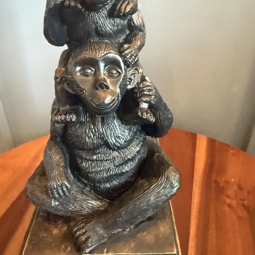 Vintage Monkey Stack Table Lamp Resin Safari Jungle Faux Leather Shade 21